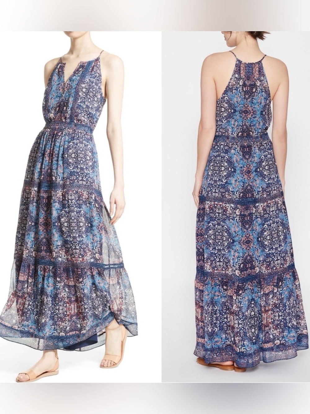 Joie Agnece Silk Tiered Paisley Maxi Dress Blue Pink Size 2